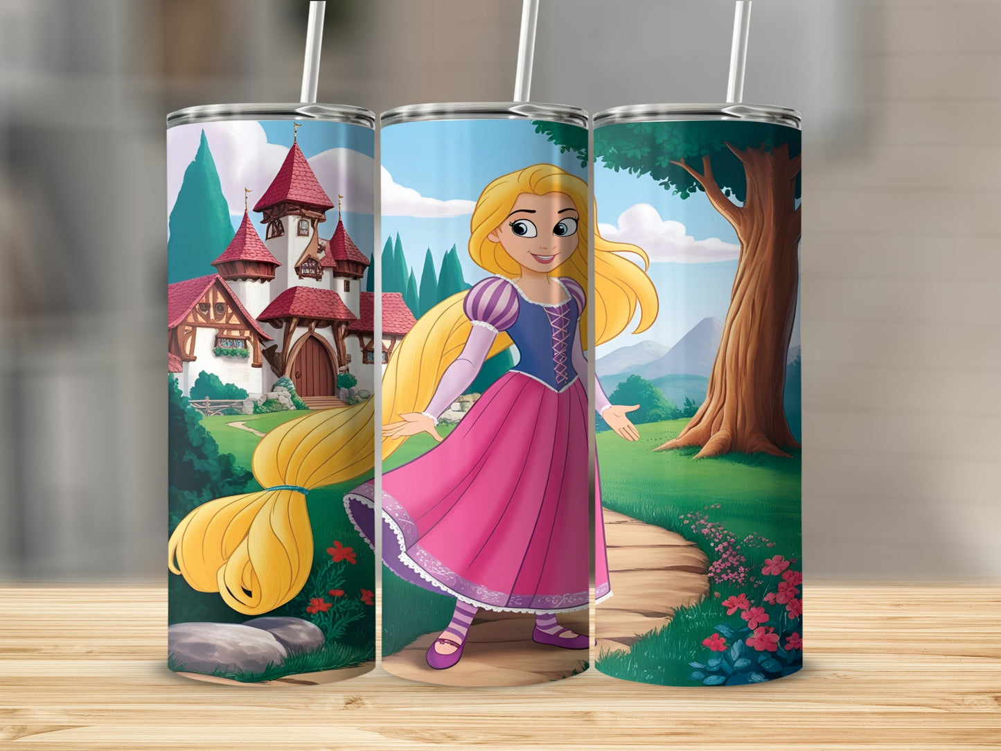 Princess Rapunzel with long blonde hair in a pink dress in front of a castle.