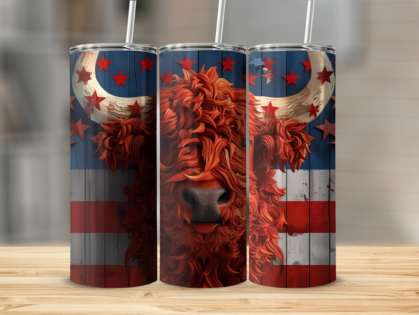 Highland cow with American flag background and stars on a tumbler.