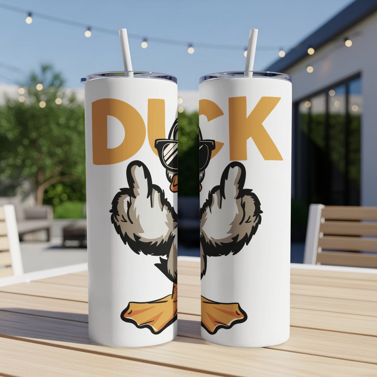 White tumbler with a cartoon duck flipping the middle finger and wearing sunglasses.