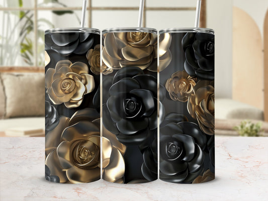 Black and gold rose pattern on three tumblers with straws.