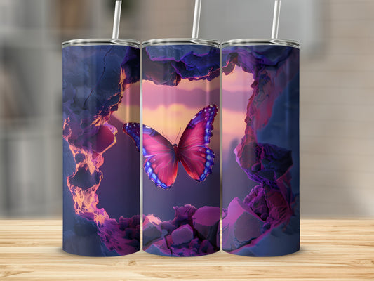 Three tumblers featuring a vibrant pink butterfly against a rocky, abstract landscape.
