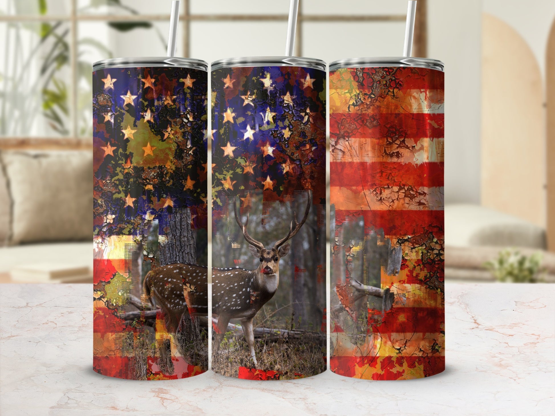 American flag deer tumbler with rustic distressed background.