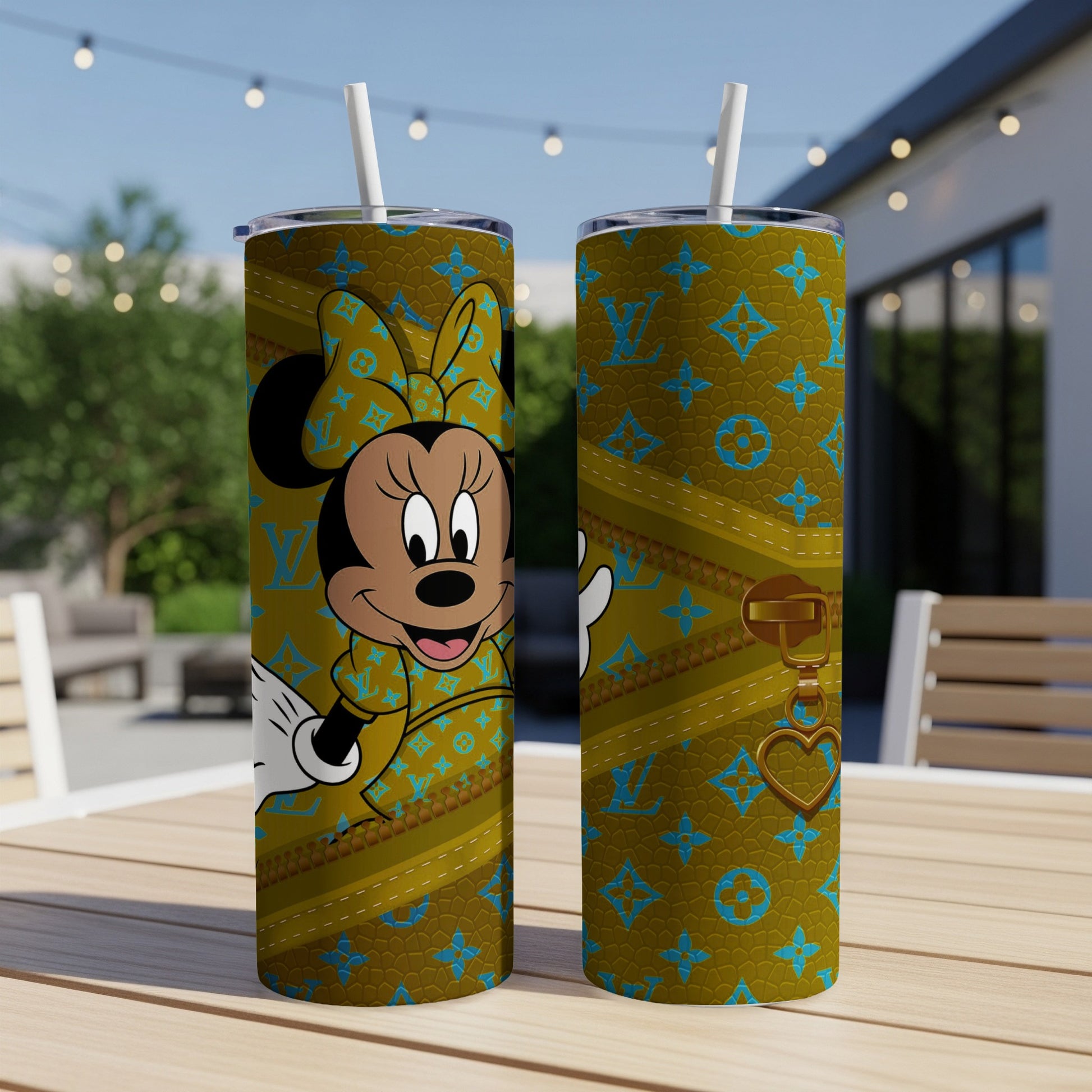 Minnie Mouse in patterned outfit with Louis Vuitton inspired print.
