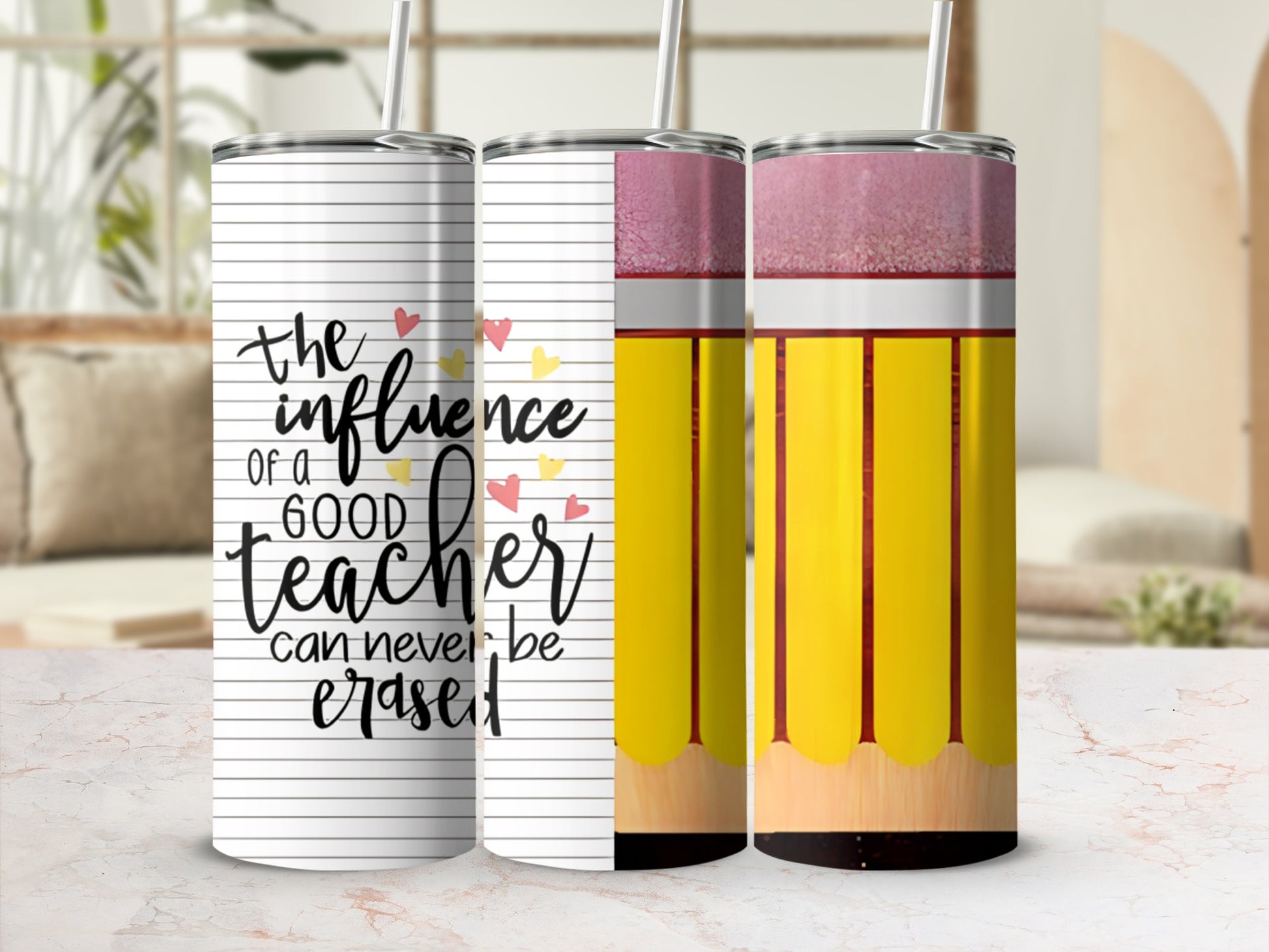 Tumbler with "The influence of a good teacher can never be erased" and pencil design.