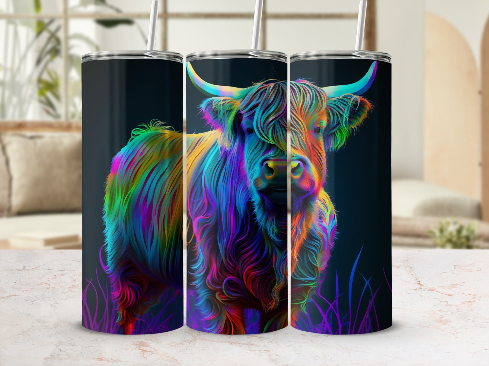 Colorful abstract Highland cow design on a set of three tumblers.