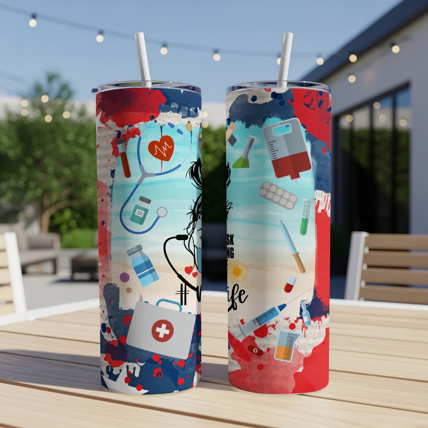 Two tumblers with medical-themed graphics and patriotic red, white, and blue splatters.