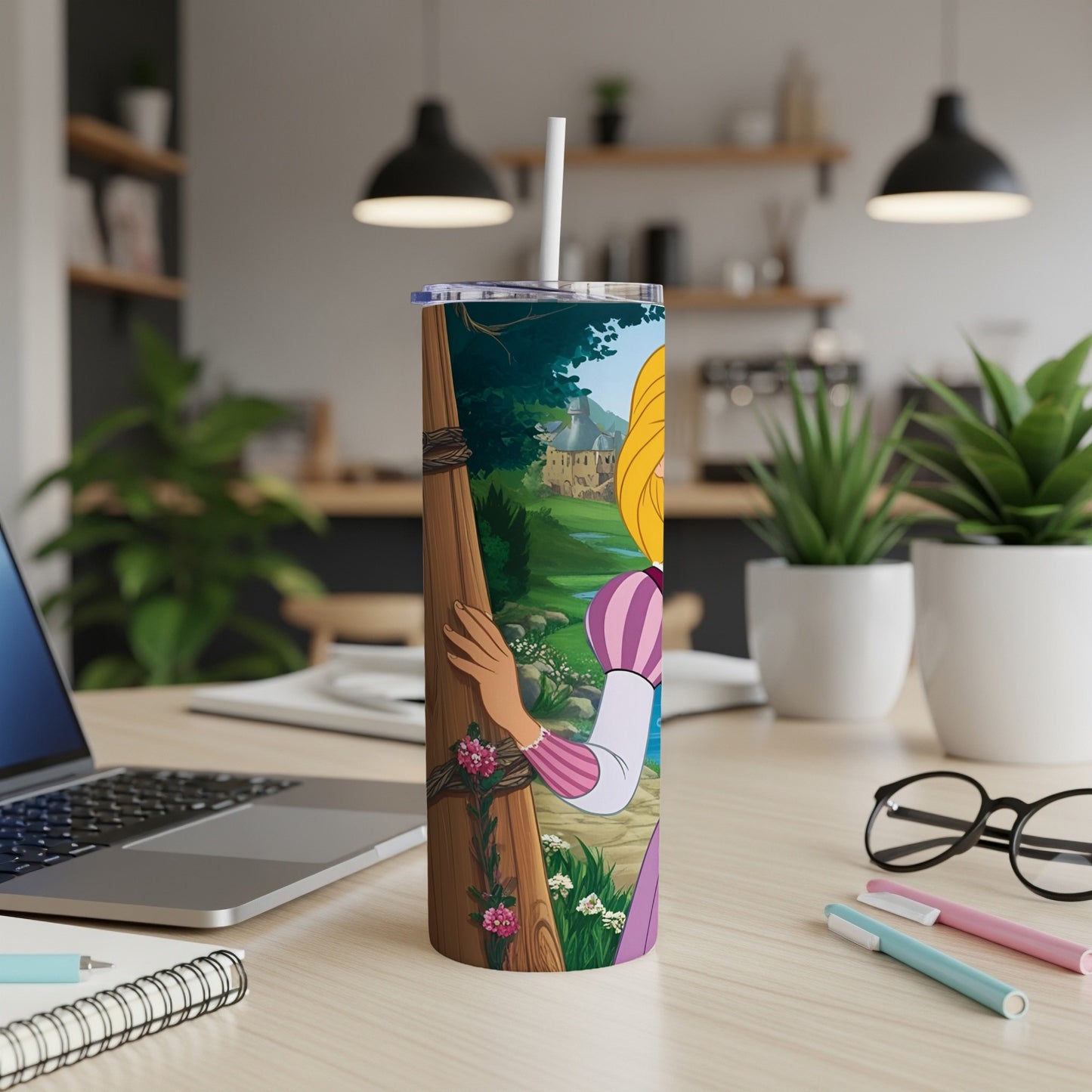 Tangled Rapunzel illustration on a skinny tumbler with floral and wooden elements.