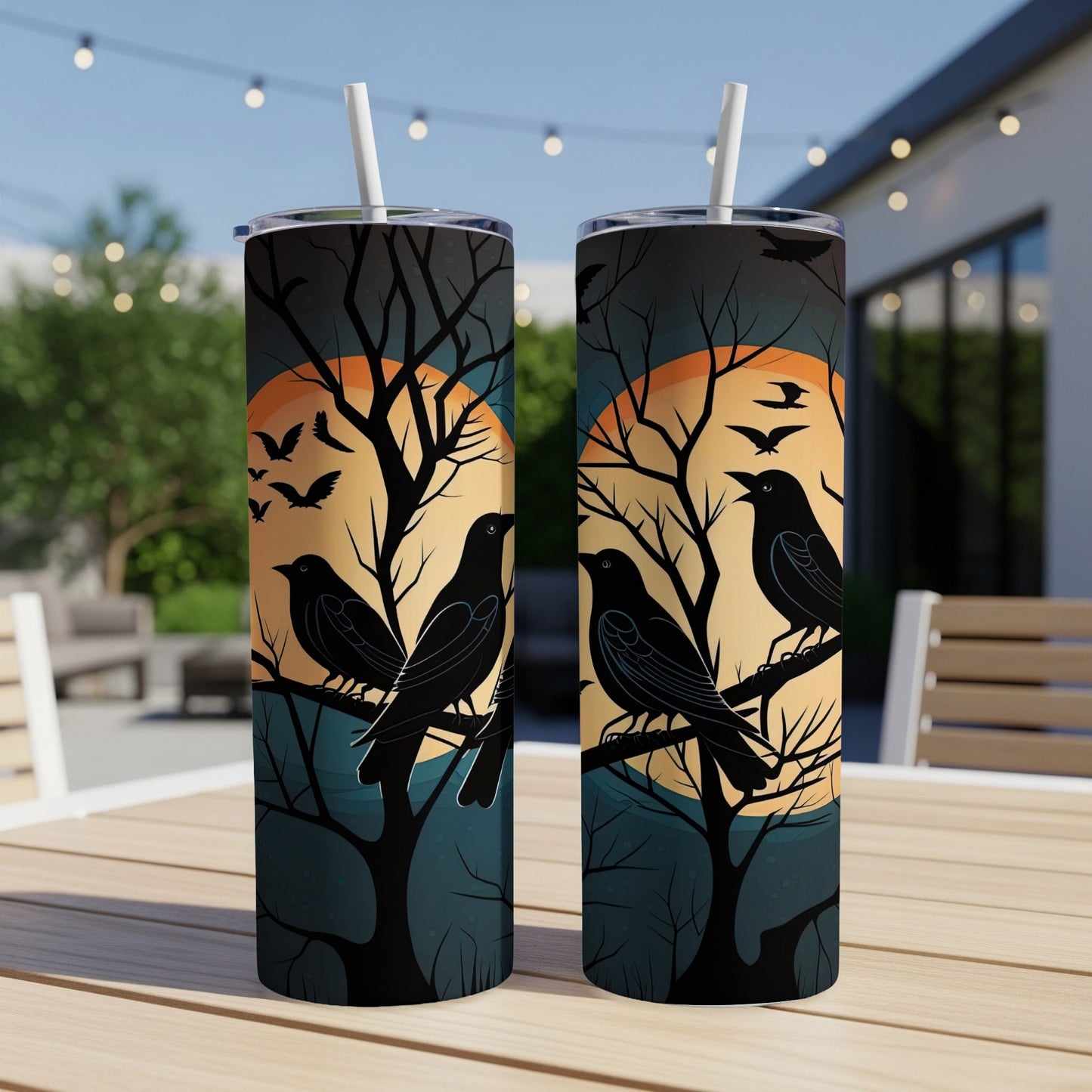 Two tumblers with crows, bare branches, and a large moon on a dark teal background.