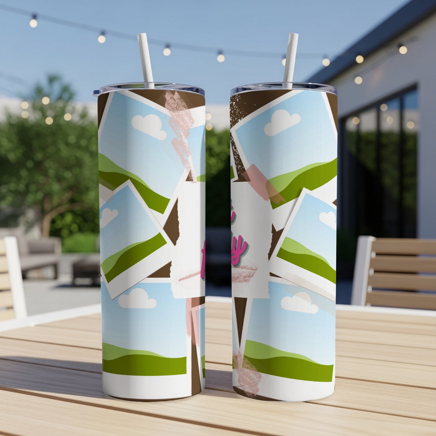 Two tumblers with a collage of sky, clouds, and rolling green hills design.