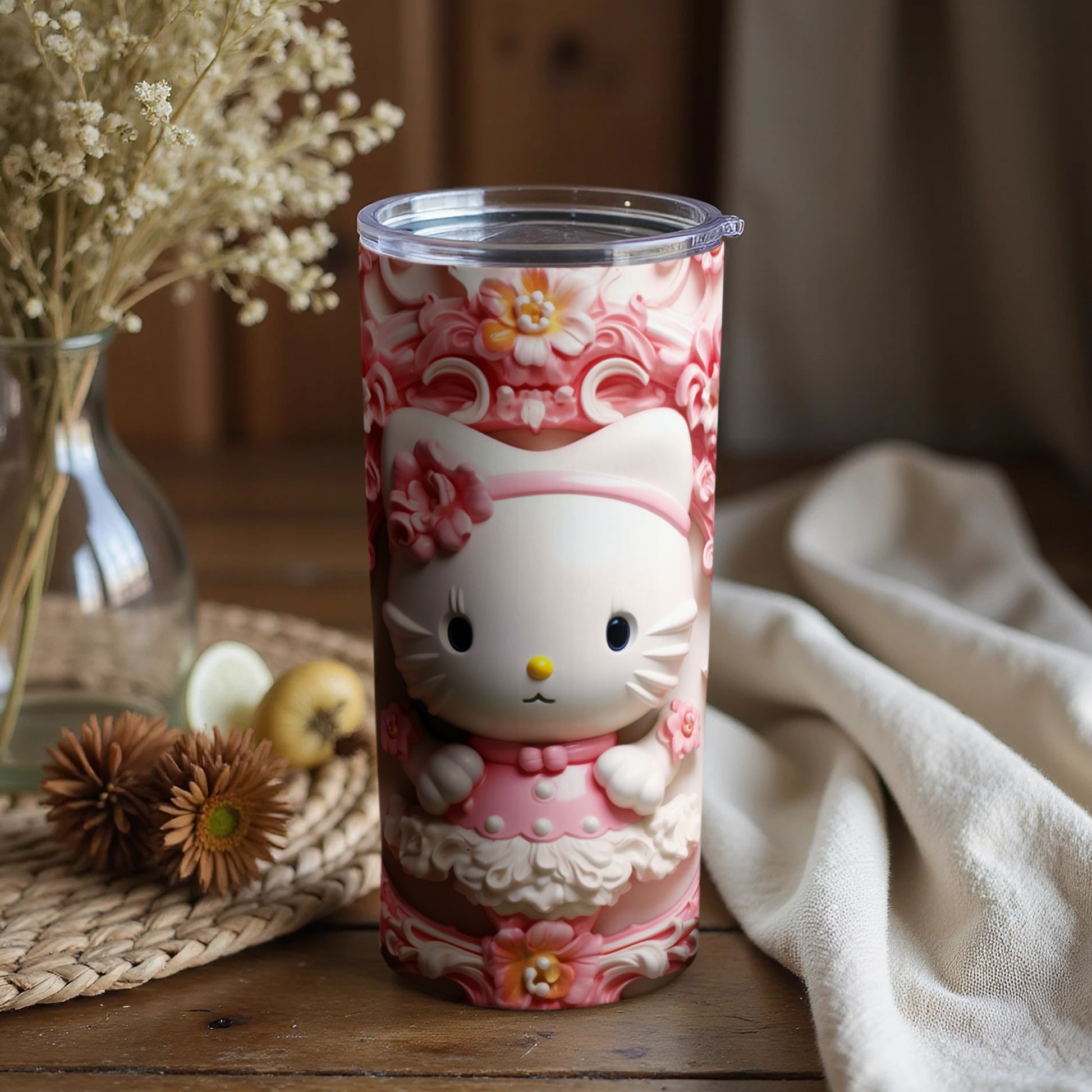 Cute Floral Kitty Design Insulated Tumbler Cup Wrap