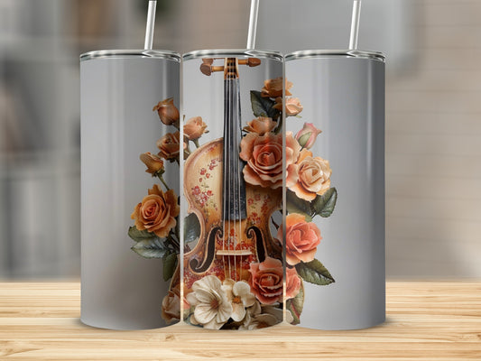 Violin with floral design on a stainless steel tumbler.