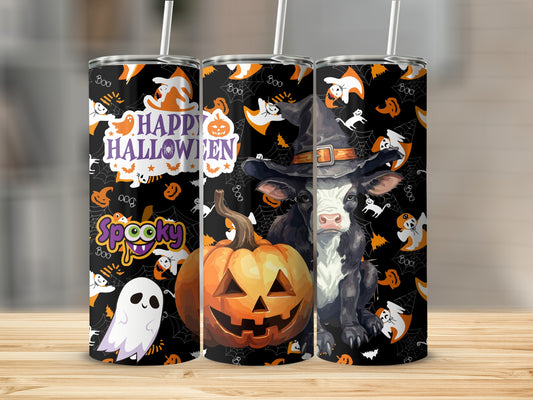 Halloween Happy Spooky Ghost Cow Pumpkin Tumbler Design