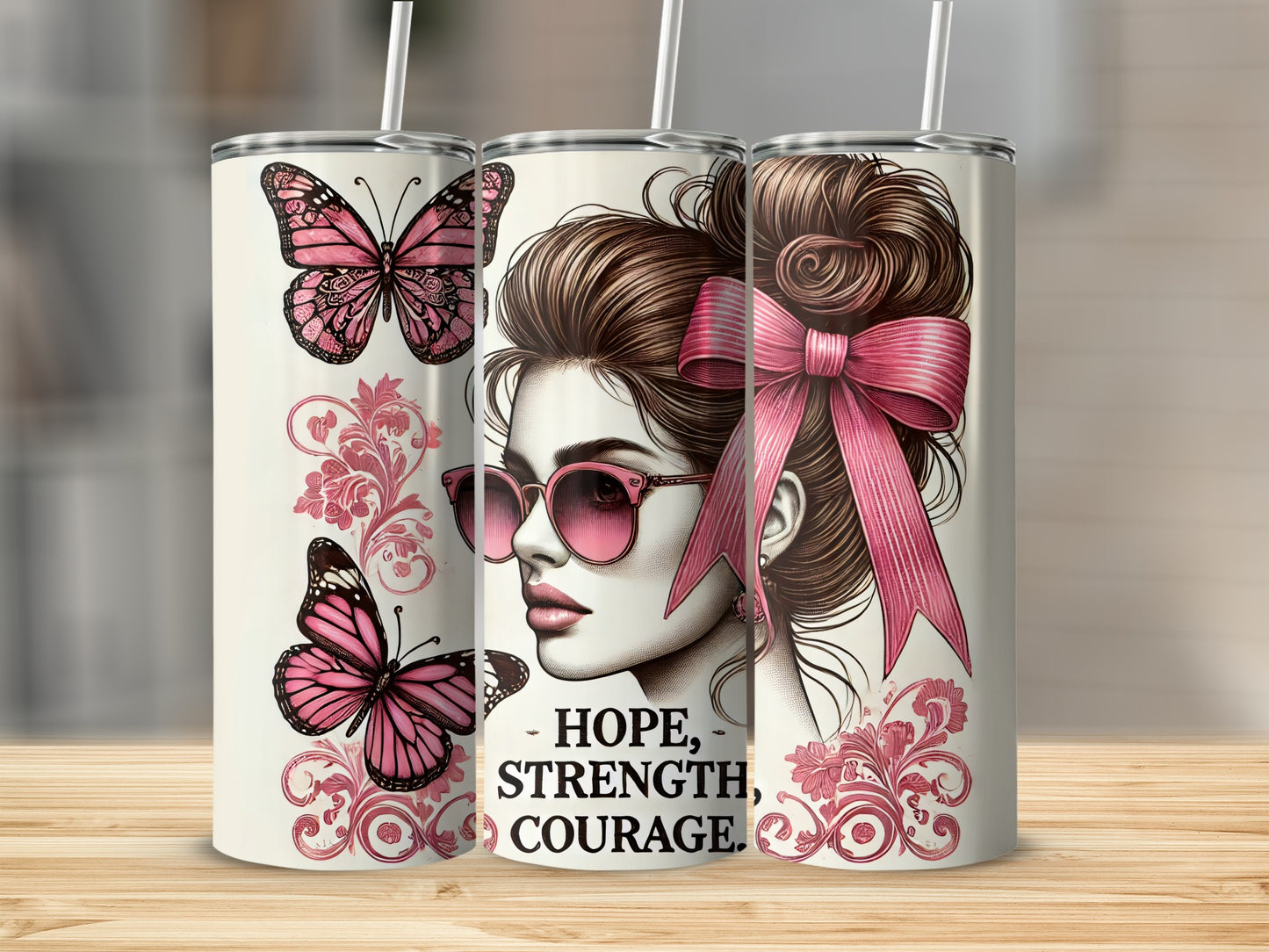 Woman with pink bow and butterflies on a tumbler.