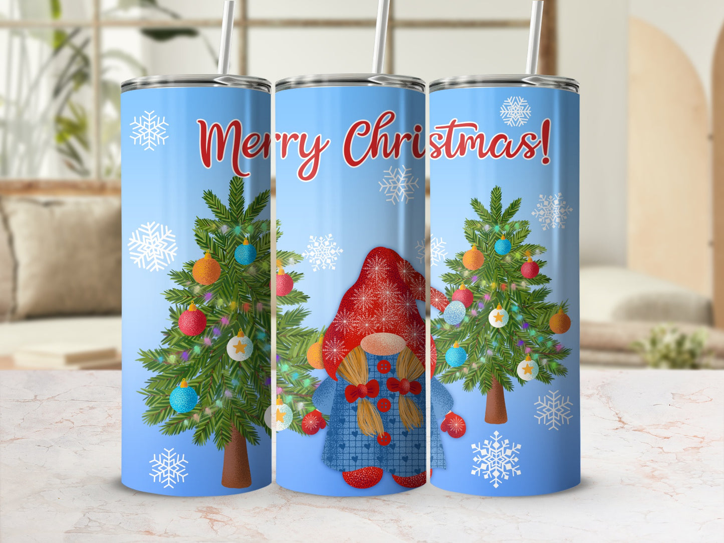 Gnome with Christmas trees and "Merry Christmas!" text on a blue background tumbler.