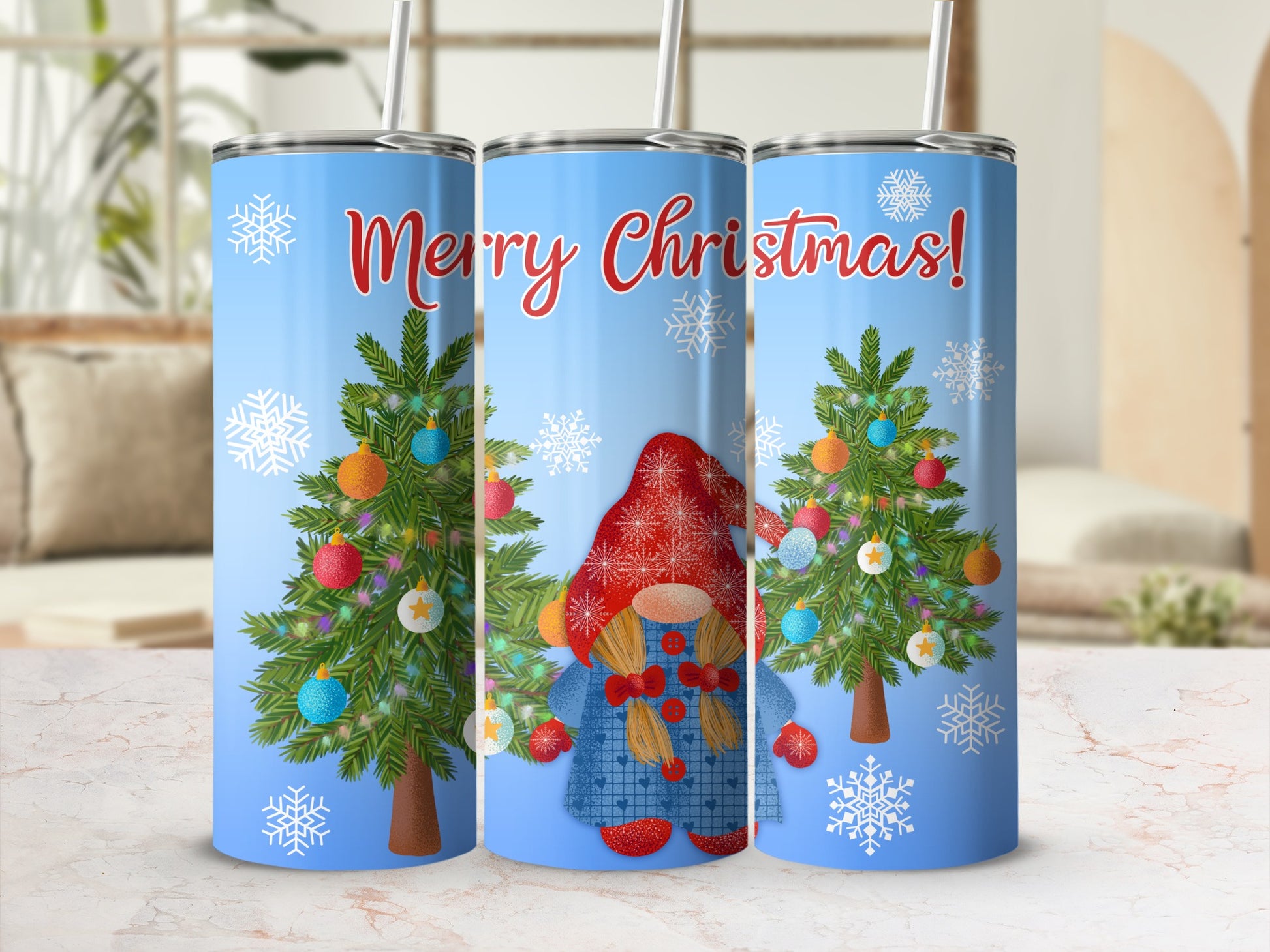 Gnome with Christmas trees and "Merry Christmas!" text on a blue background tumbler.