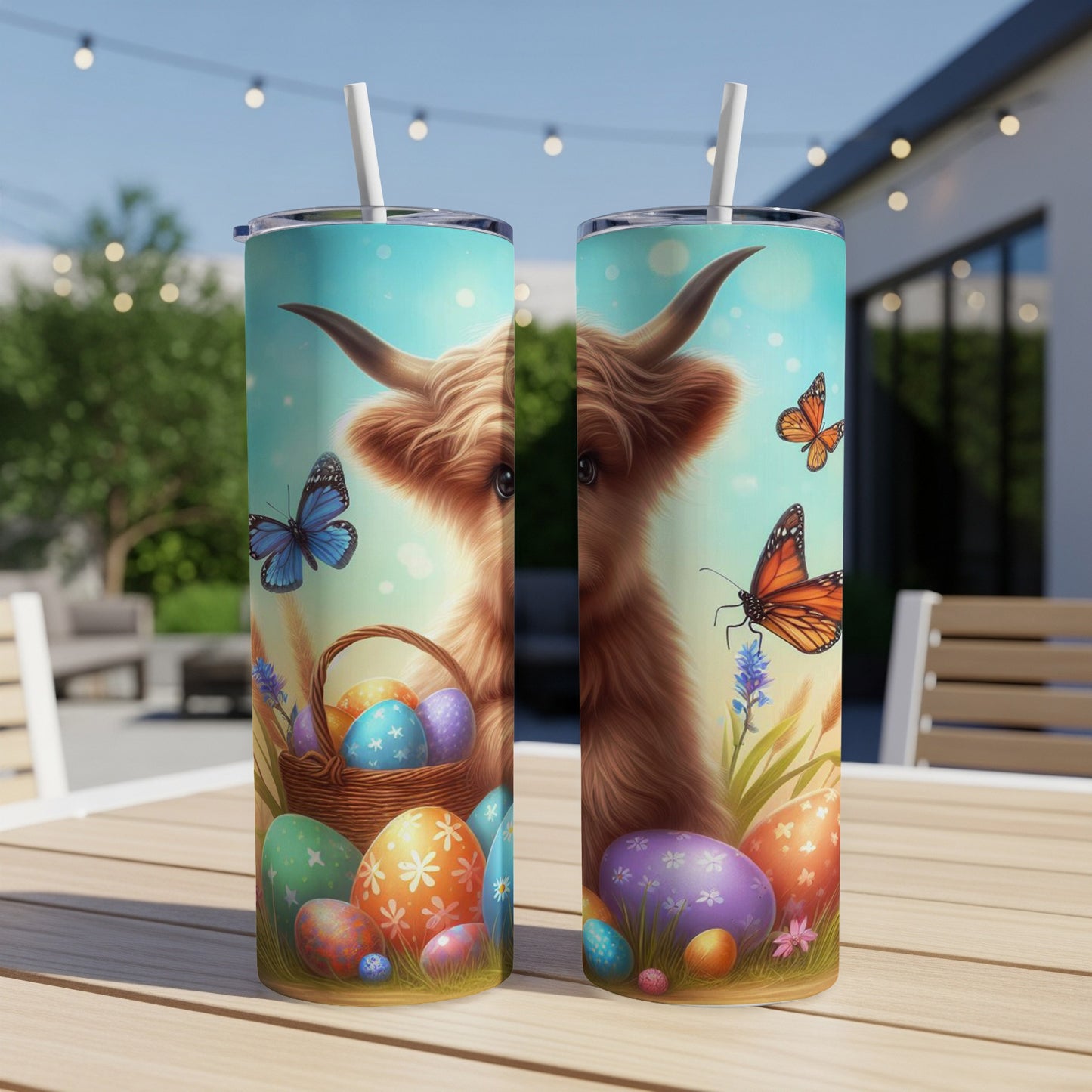 Highland cow and Easter eggs on a tumbler against a blurred outdoor background.