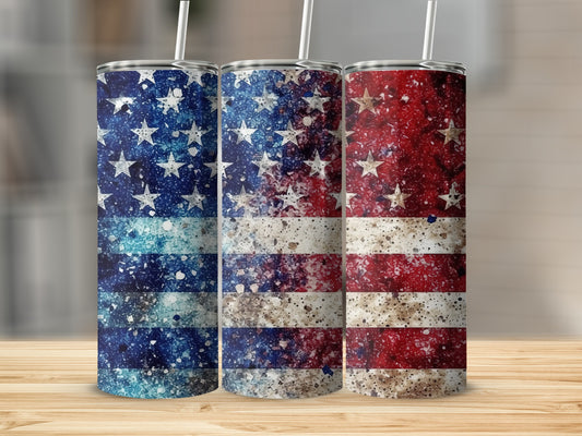 Three tumblers with American flag distressed designs in blue, white, and red.