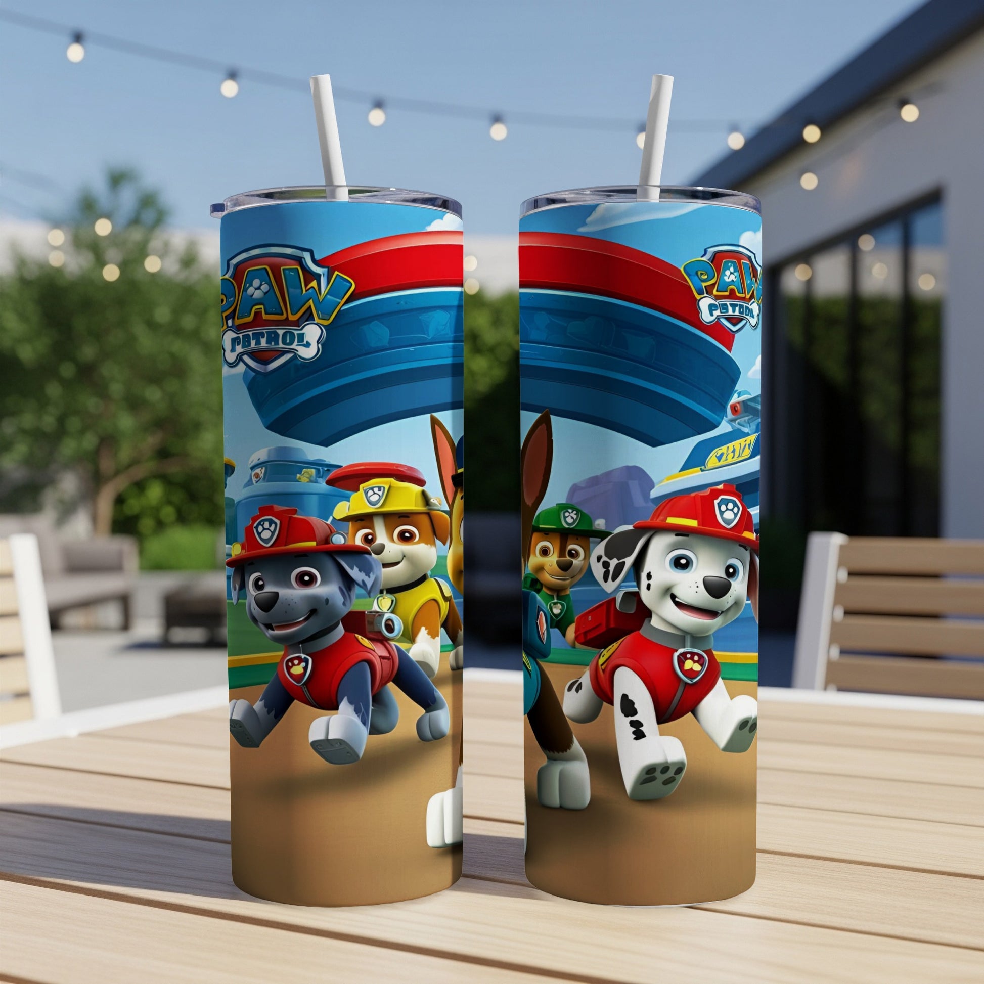 Paw Patrol characters Ryder, Chase, Marshall, and Rubble on a blue and red tumbler.