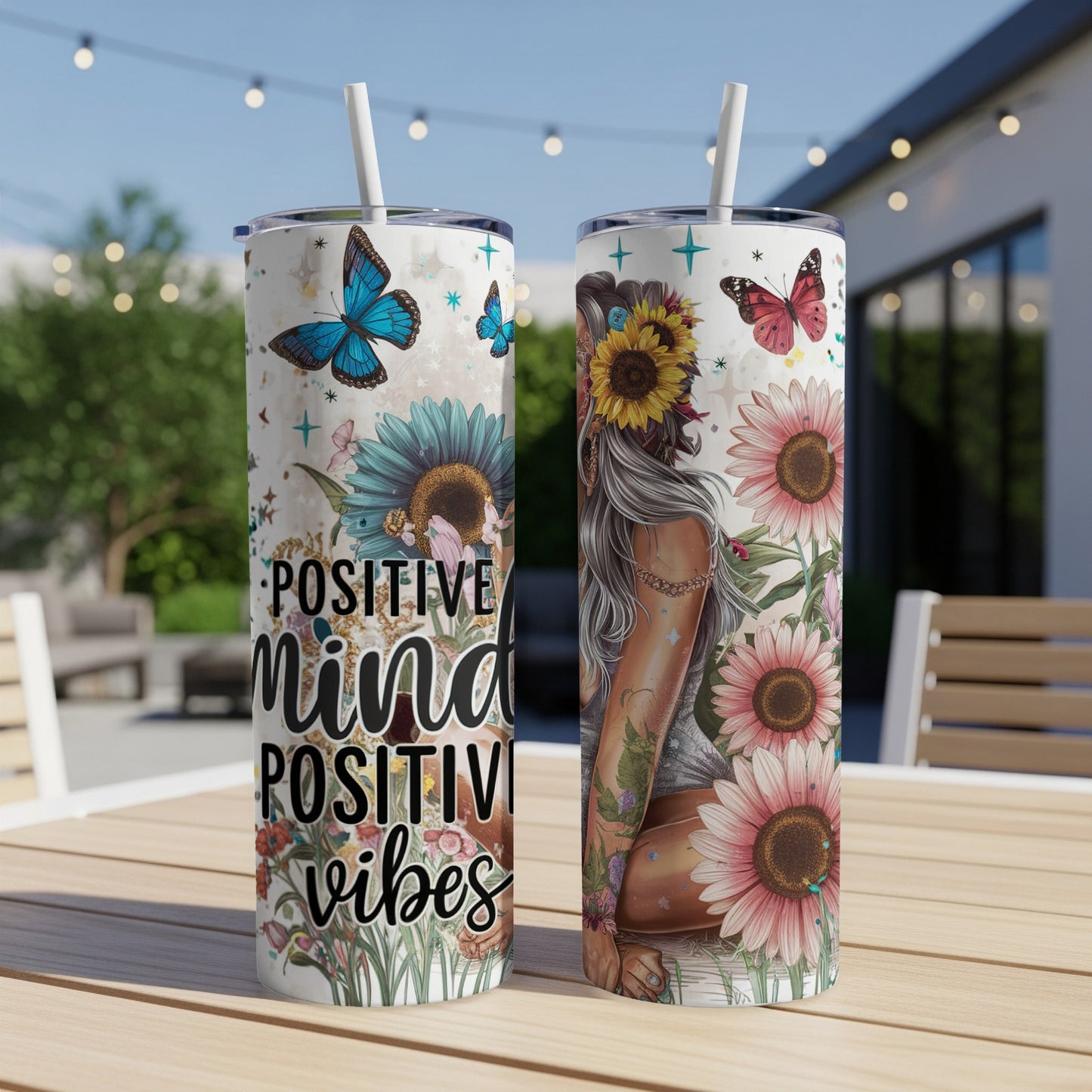 Two tumblers with sunflowers, butterflies, and "Positive Mind Positive Vibes" text.
