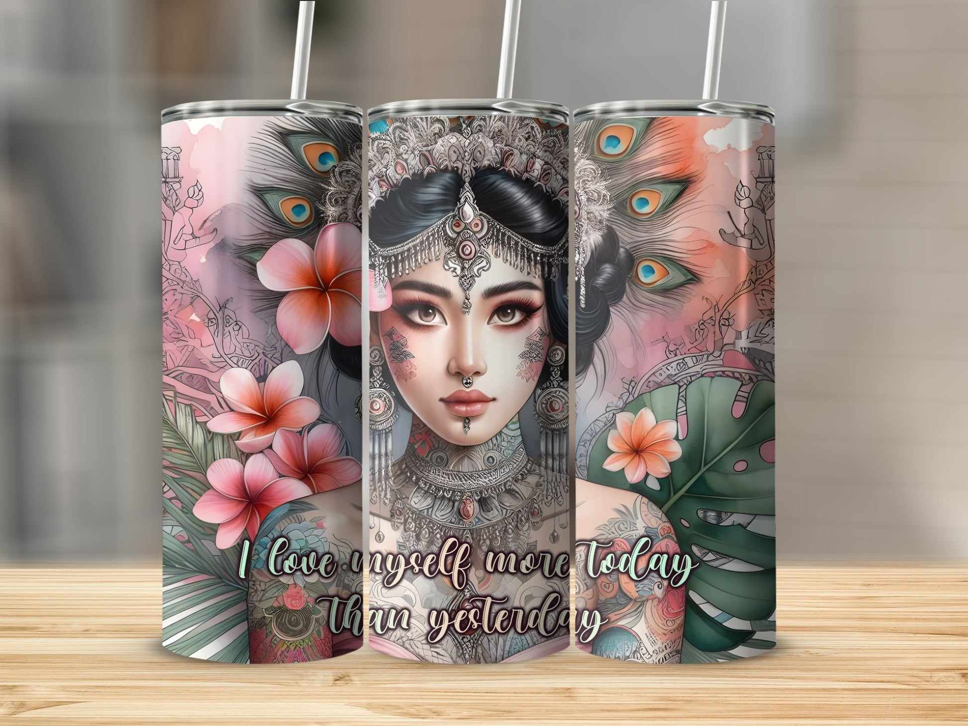 Triptych of tumblers featuring a regal woman with elaborate headdress and peacocks.