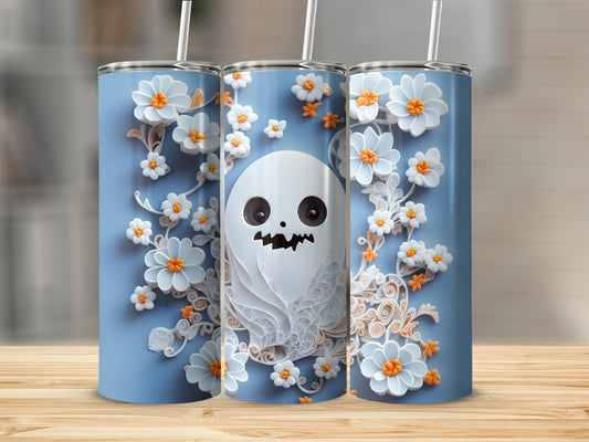 Three tumblers with a light blue background featuring a ghost and floral embellishments.