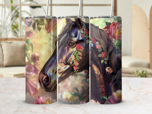 Dark horse head with floral accents on a tumbler, soft floral background.