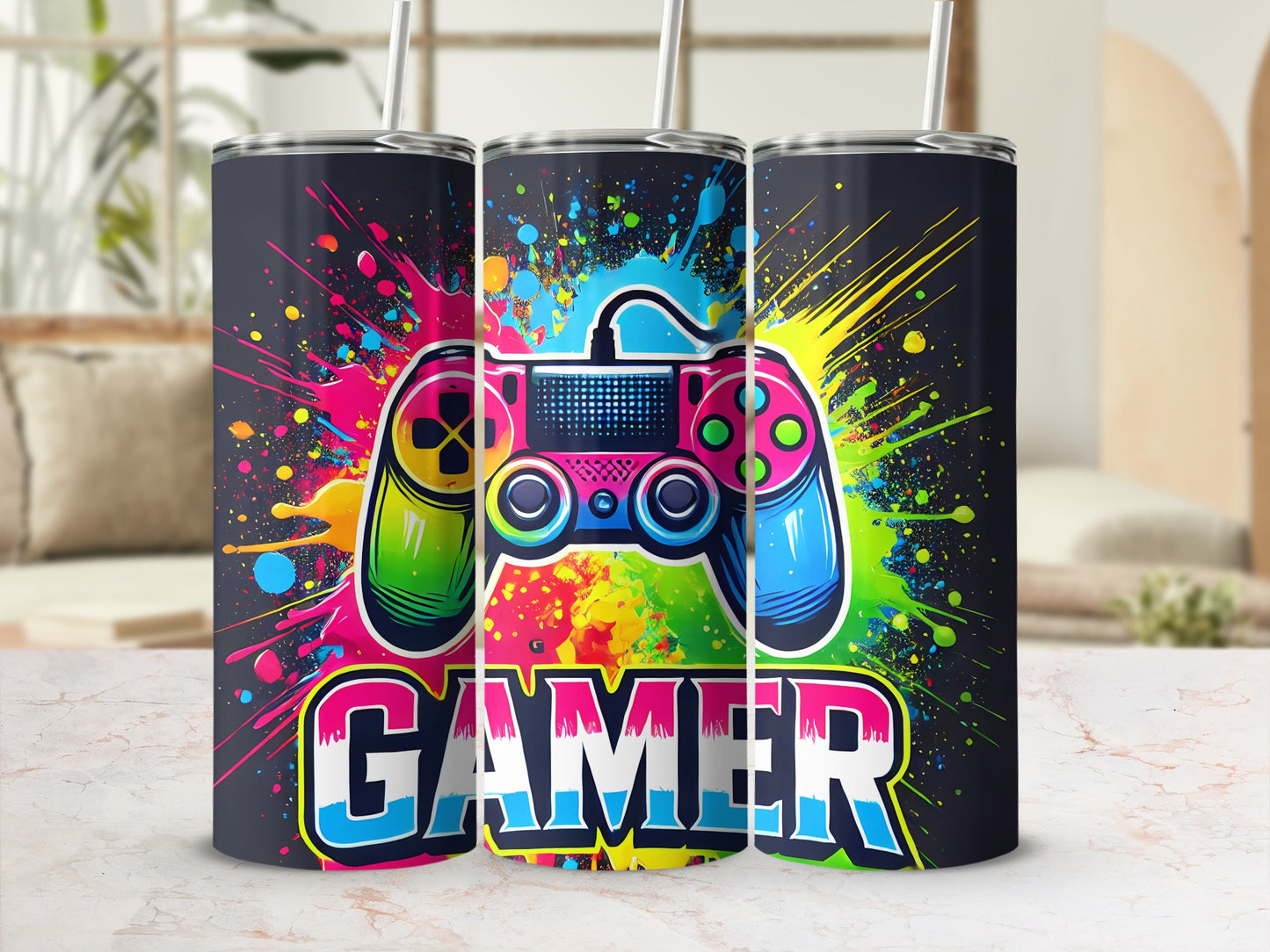 Tumbler with colorful gaming controller and "Gamer" text.