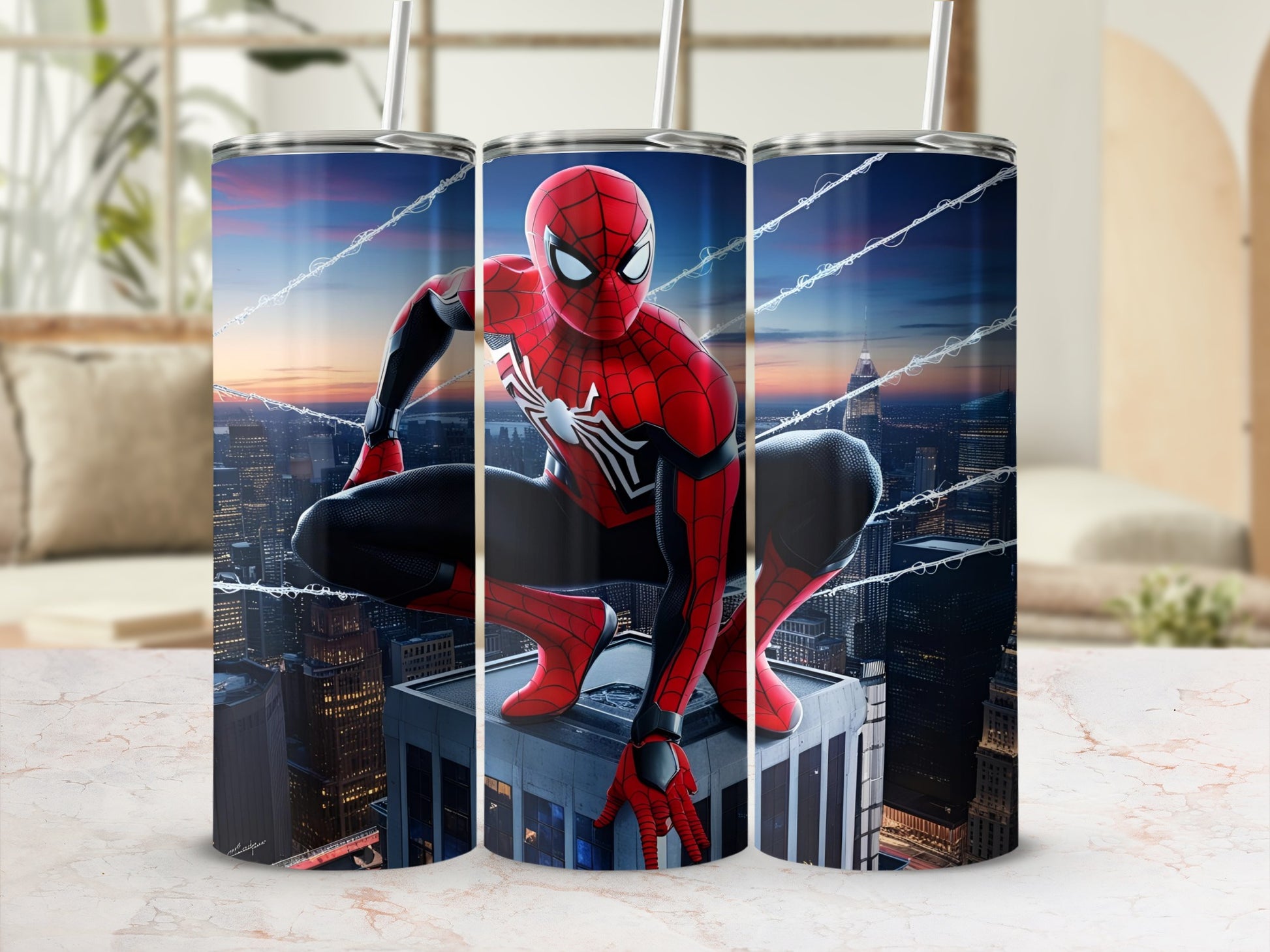 Spiderman in a crouching pose on a skyscraper overlooking a city at night.