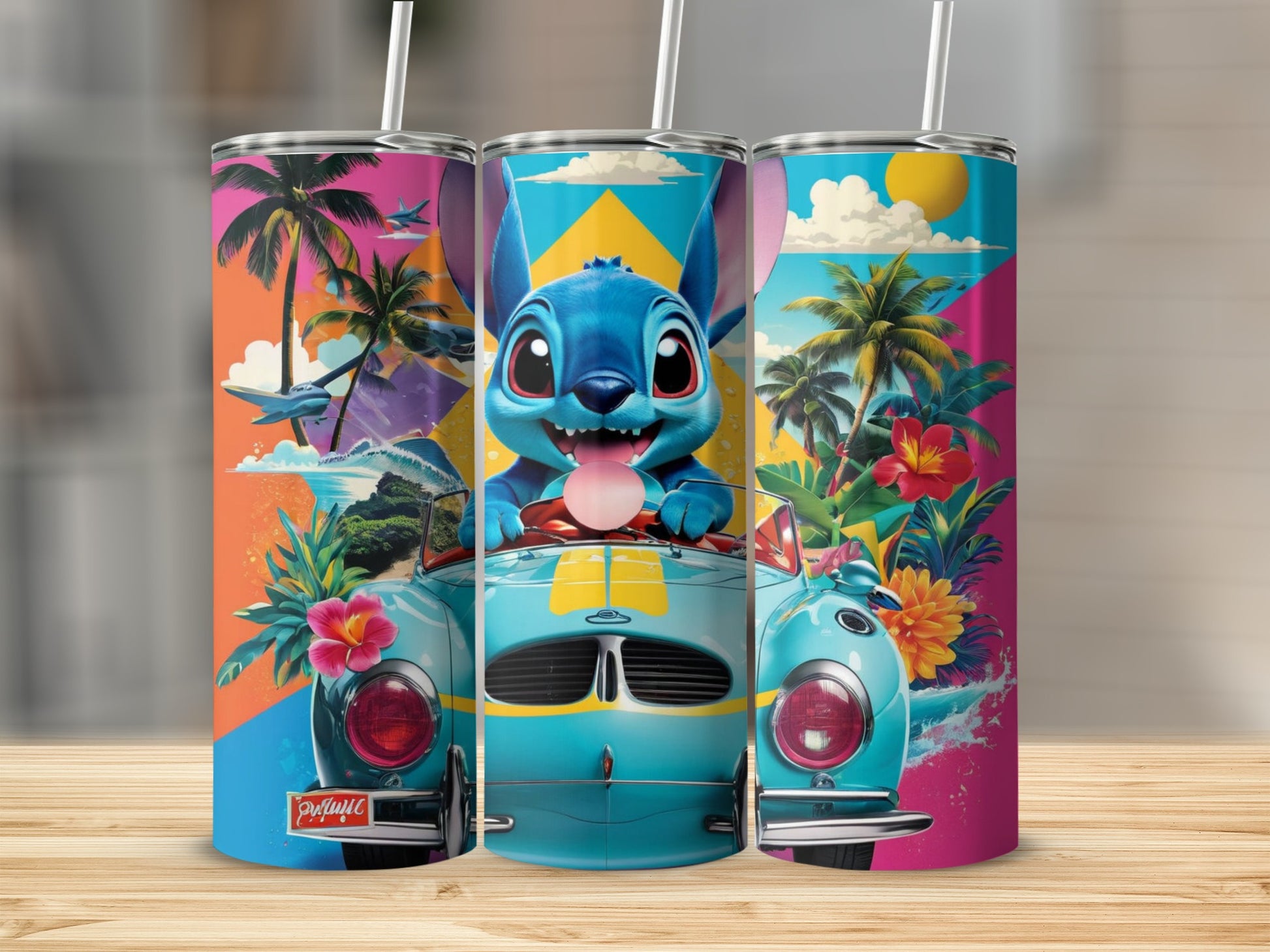 Stitch in a vintage convertible with palm trees and colorful abstract background.