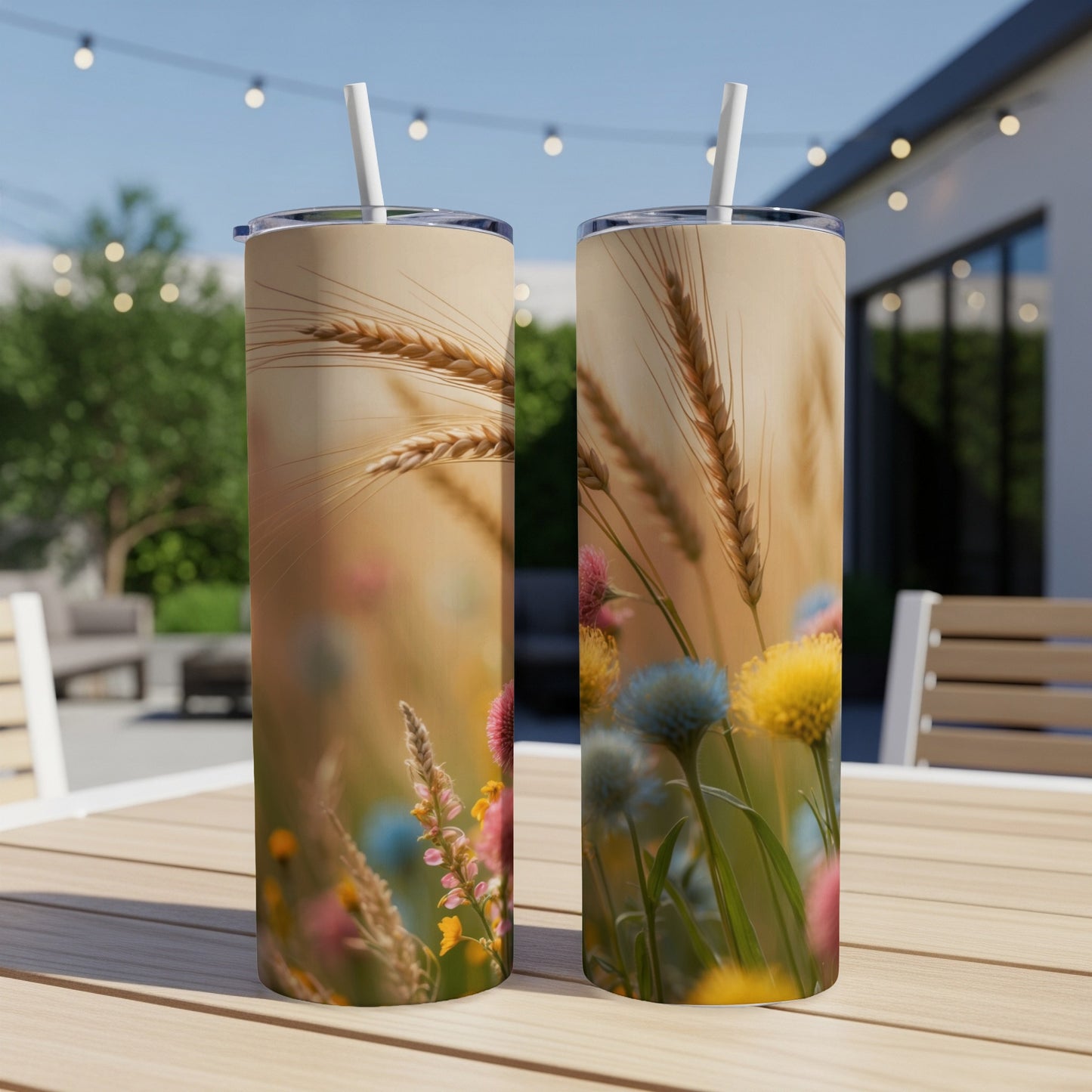 Two tall tumblers with a field of wheat and wildflowers pattern.
