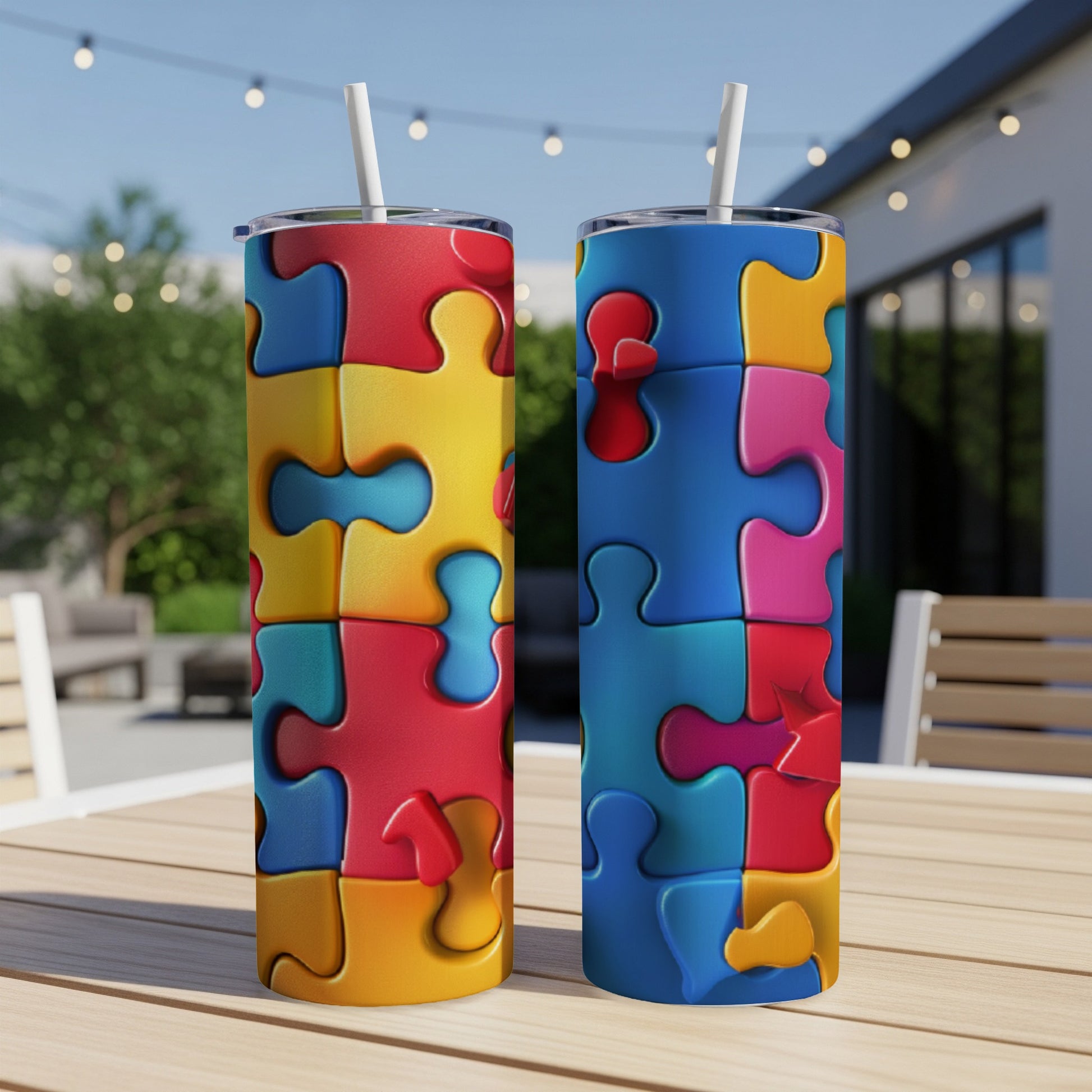 Two colorful puzzle piece pattern tumblers on a table outdoors.