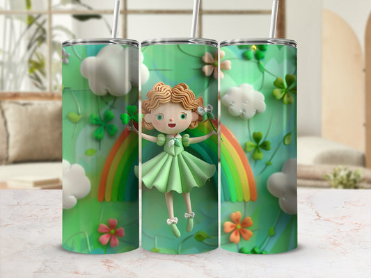 Green tumbler with girl, rainbow, clouds, and shamrocks.