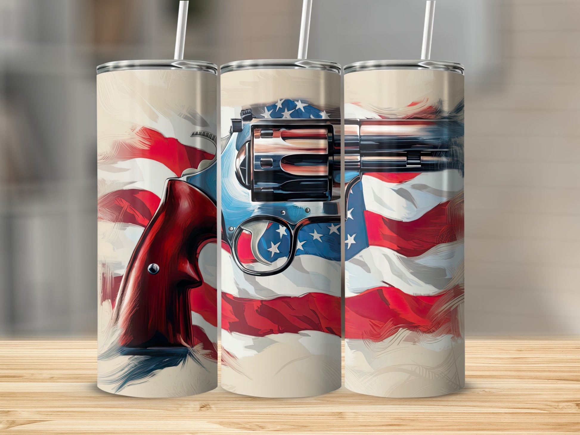 Revolver with American flag design on three tumblers.