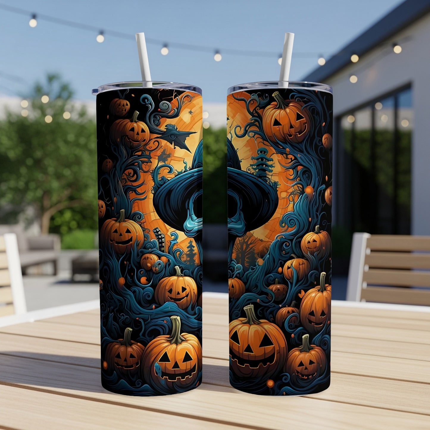 Two tumblers with a spooky Halloween design of jack-o'-lanterns and swirling blue vines.