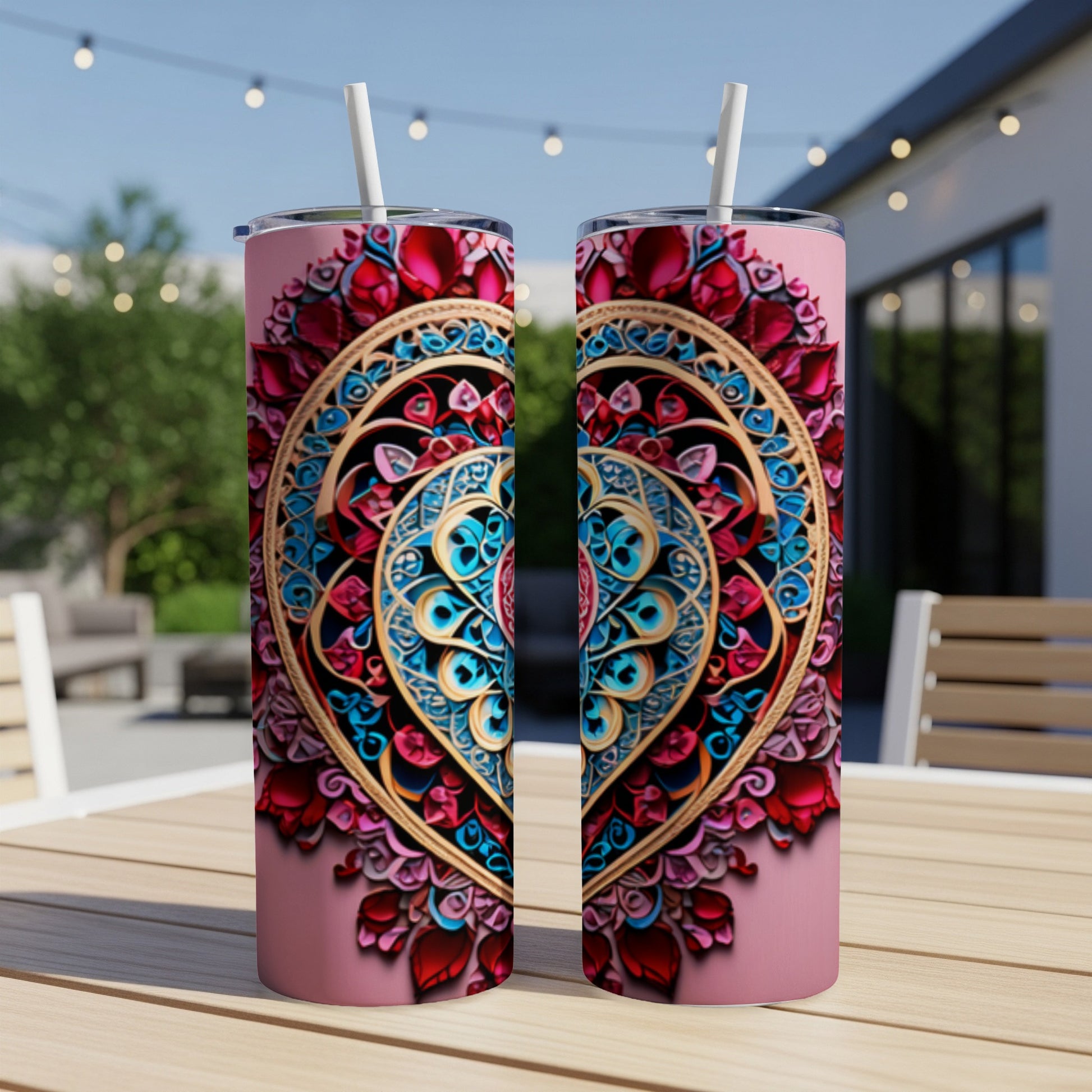 Two pink tumblers with ornate, colorful heart designs on a wooden table.