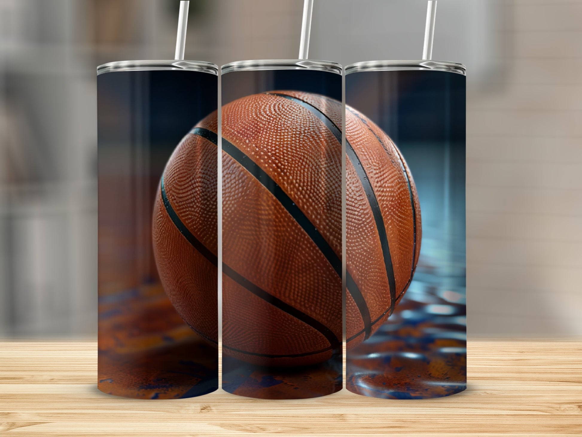 Three tumblers featuring a close-up of a basketball on a wooden surface.