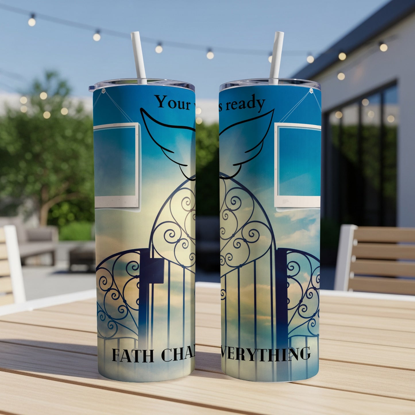 Two tumblers with a celestial gate design and text "FAITH CHANGES EVERYTHING".