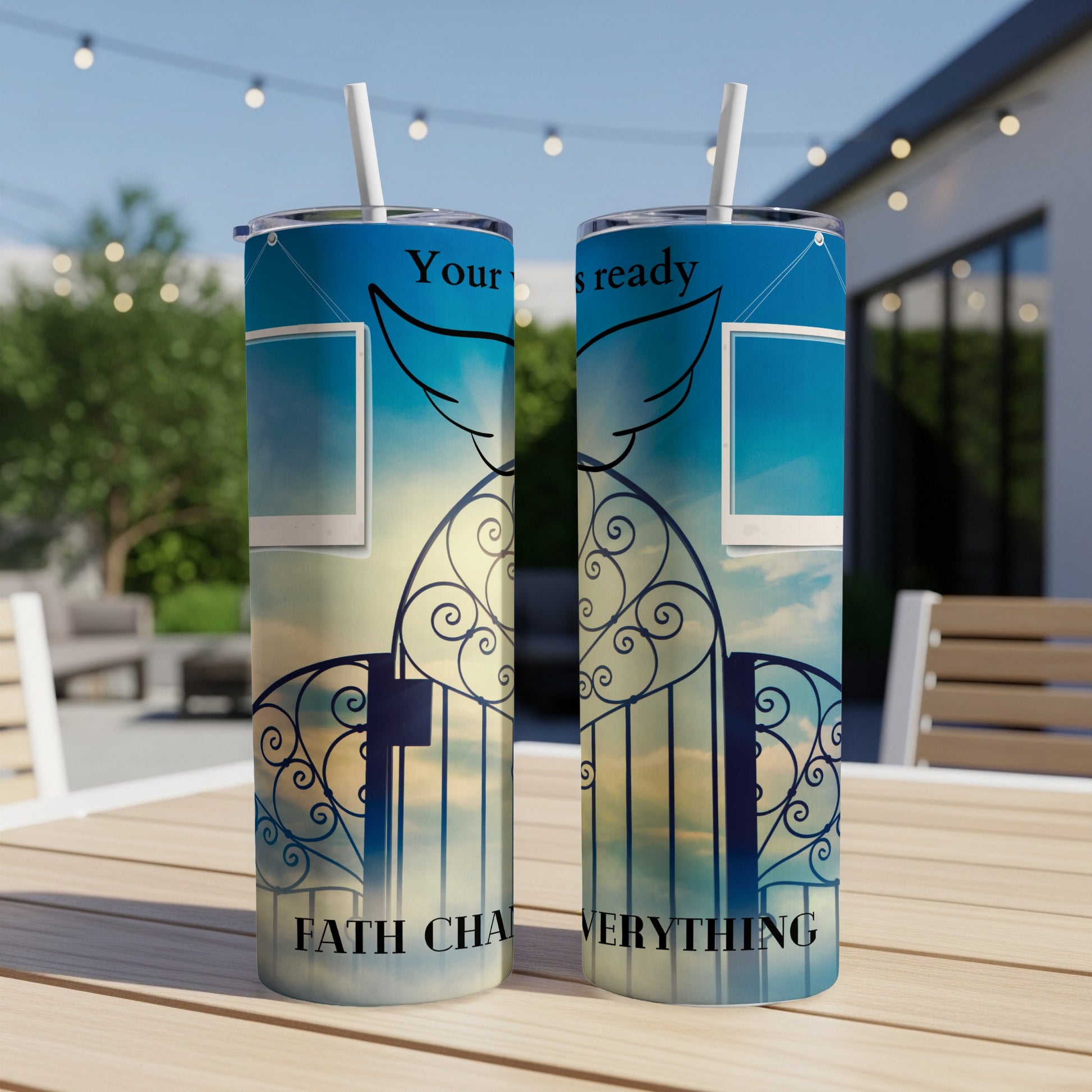 Two tumblers with a celestial gate design and text "FAITH CHANGES EVERYTHING".