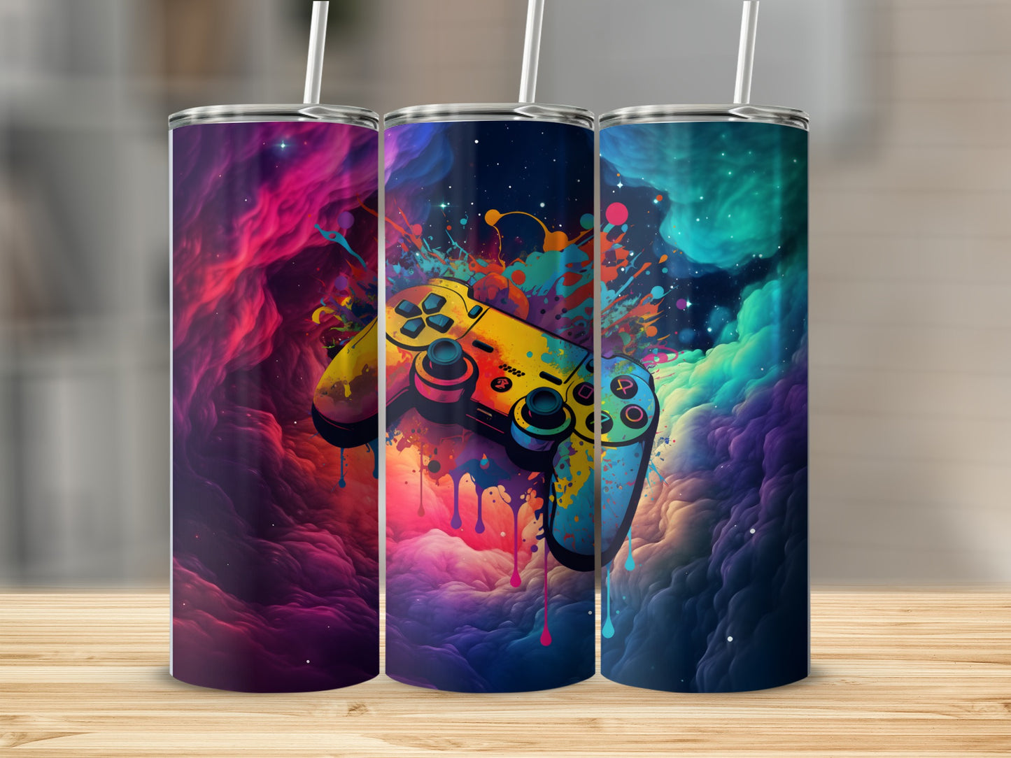 Gaming controller with colorful paint splatters on a cosmic background.