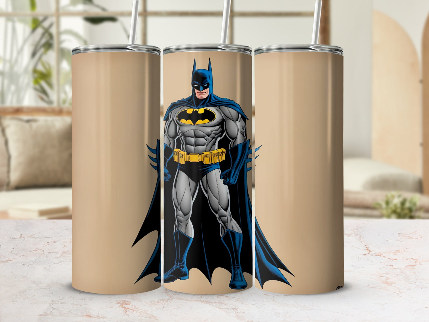 Batman character standing, three tumblers, beige background.