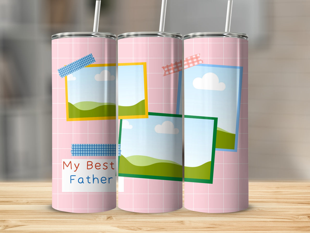 Pink tumbler with grid pattern, faux photo frames, and "My Best Father" text.