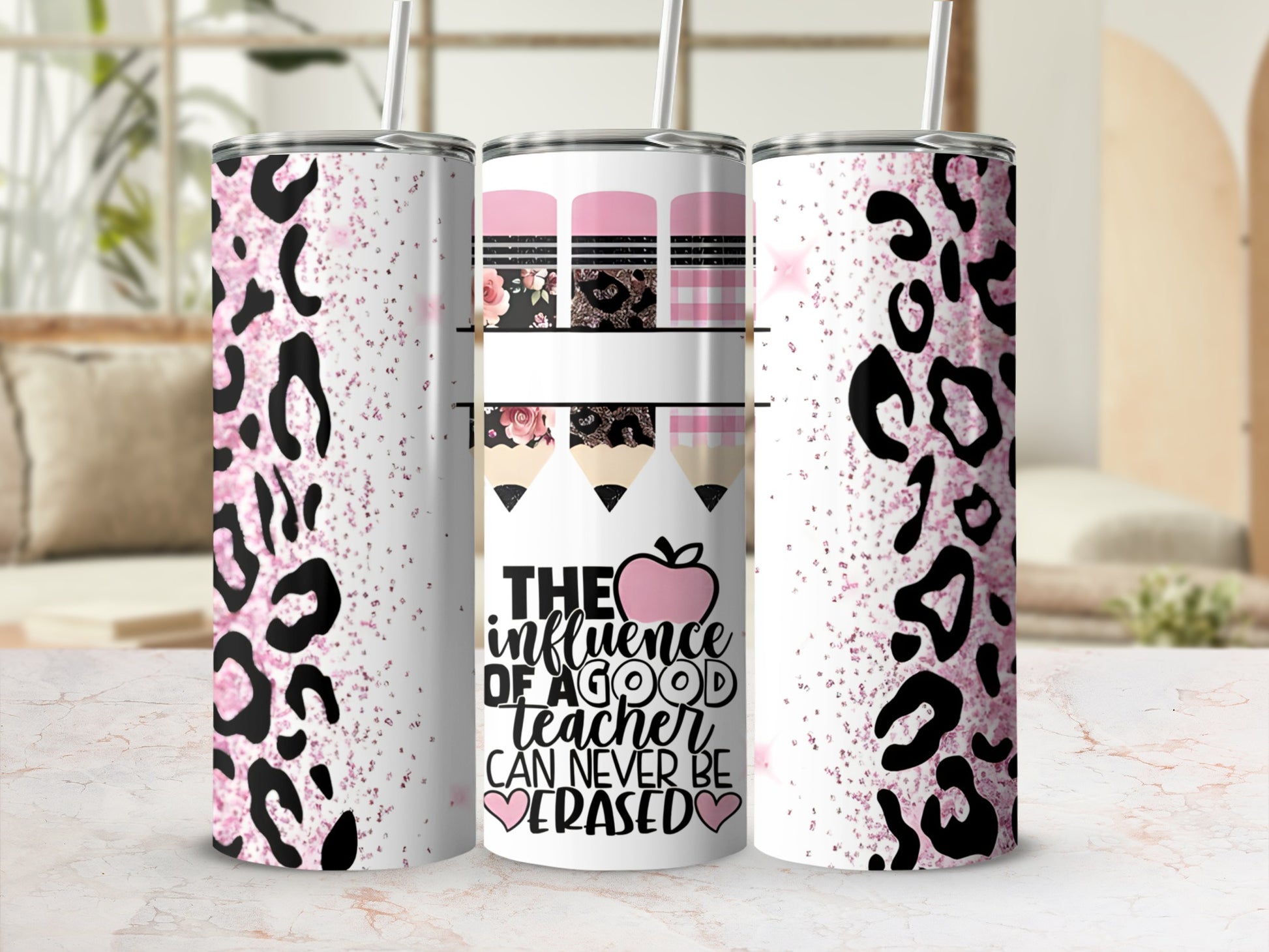 Leopard print tumbler with "The influence of a good teacher can never be erased" text.