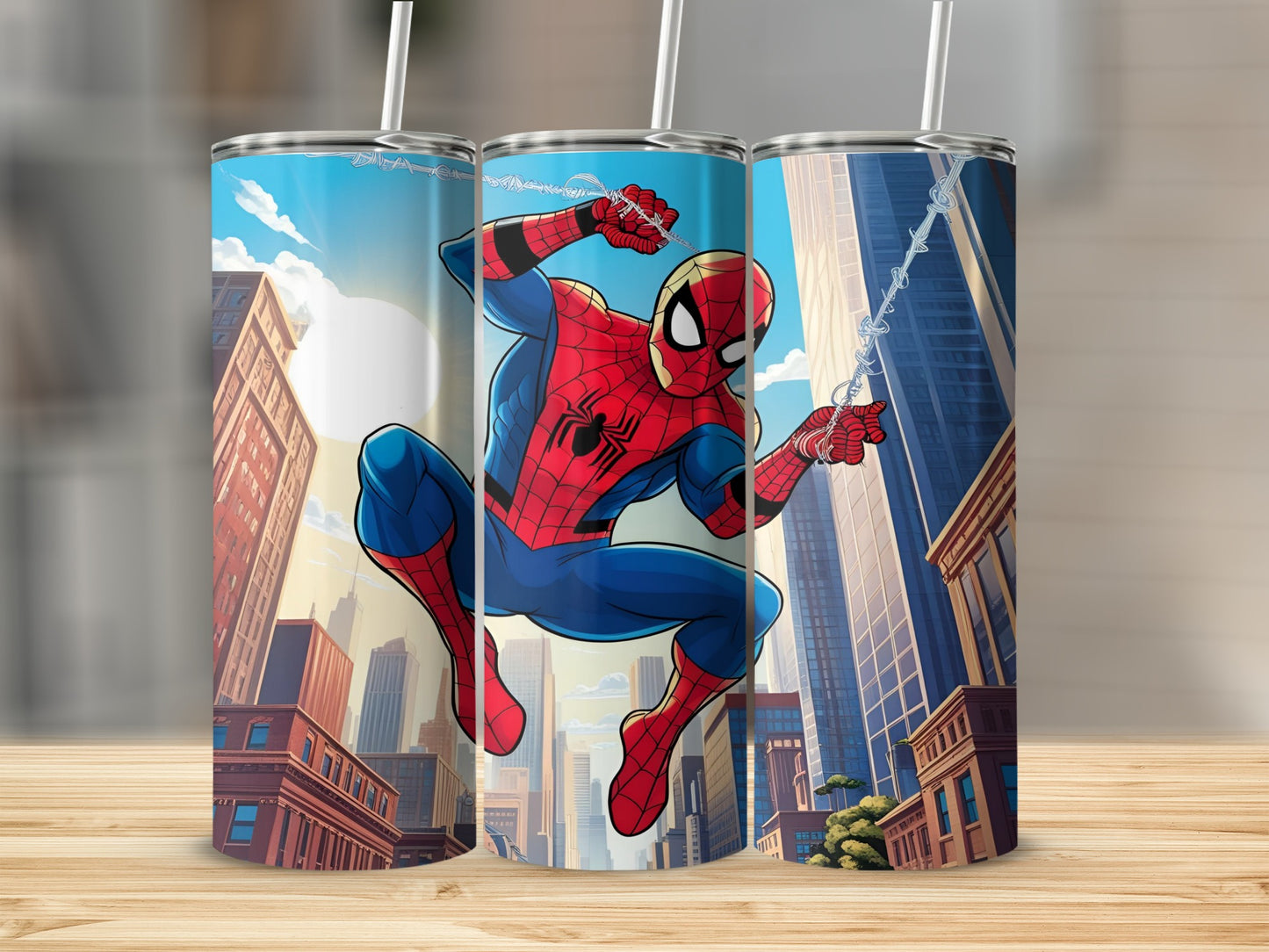 Spiderman swinging between skyscrapers on a city background.