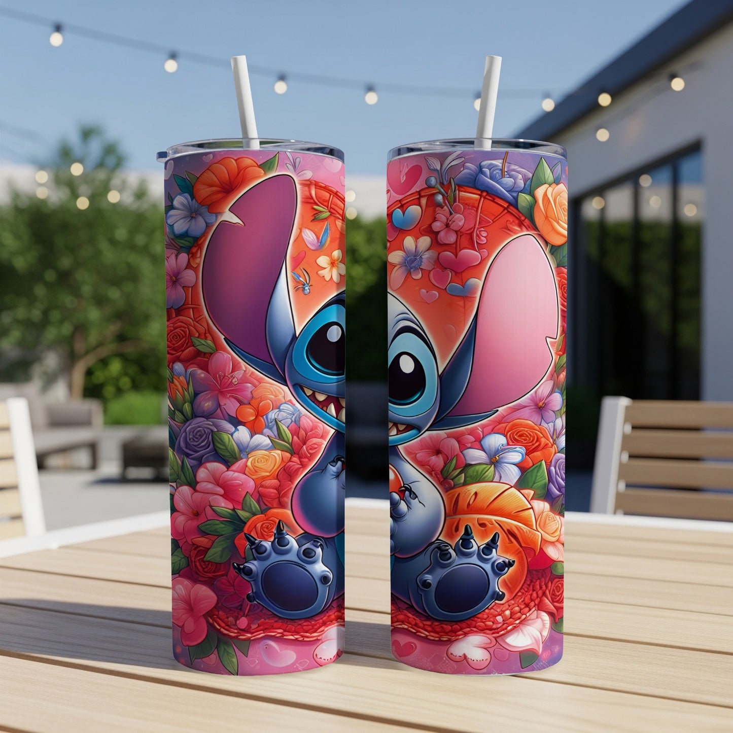 Stitch character surrounded by colorful flowers on a double-walled tumbler.