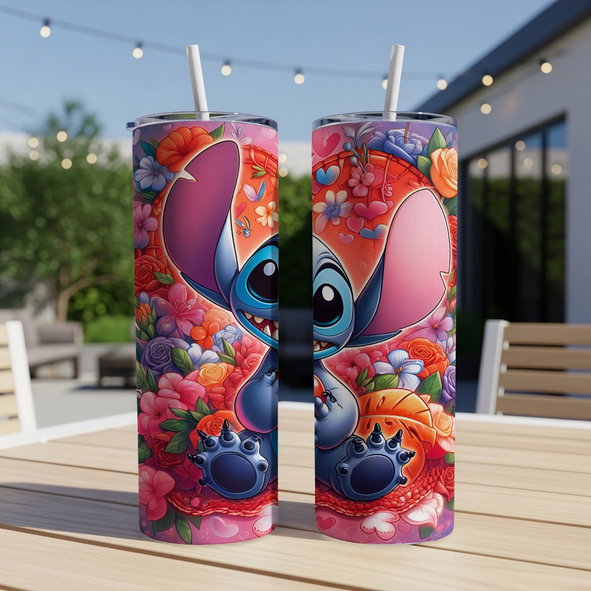 Stitch character surrounded by colorful flowers on a double-walled tumbler.