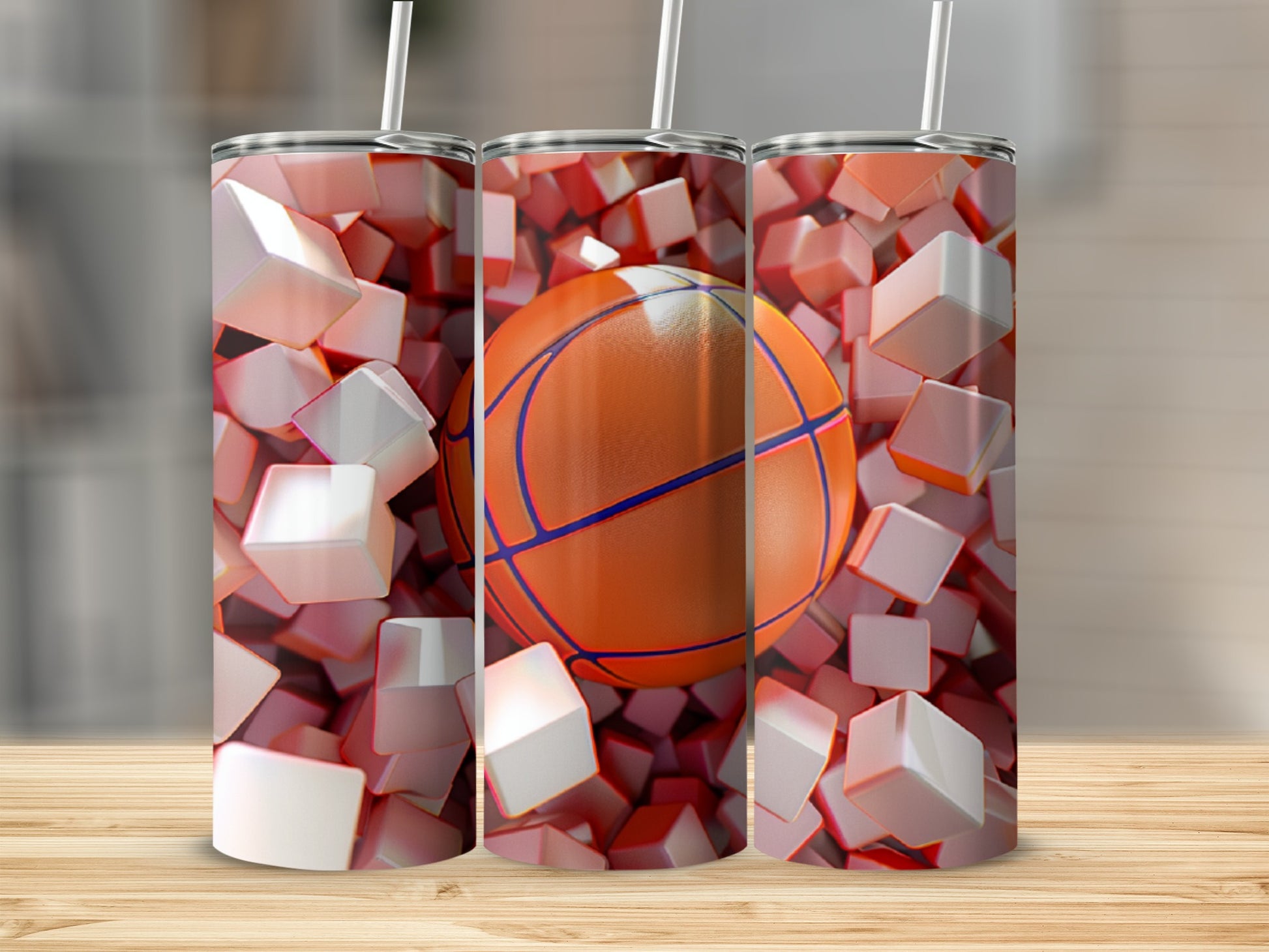 Three tumblers with basketball and abstract cube pattern.