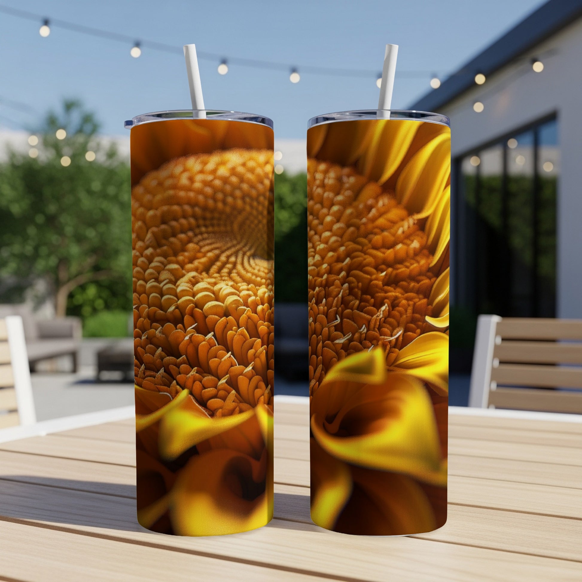 Two tumblers with close-up sunflower designs on a wooden table outdoors.