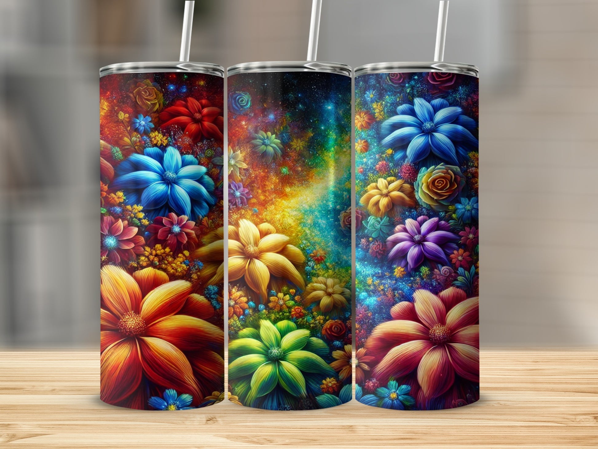 Vibrant Floral and Cosmic Design Travel Mug