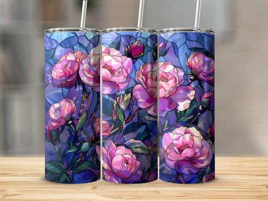 Three tumblers with stained glass rose design.