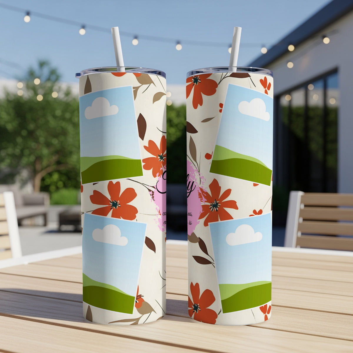 Two tumblers with a floral pattern and photos of landscapes with clouds.